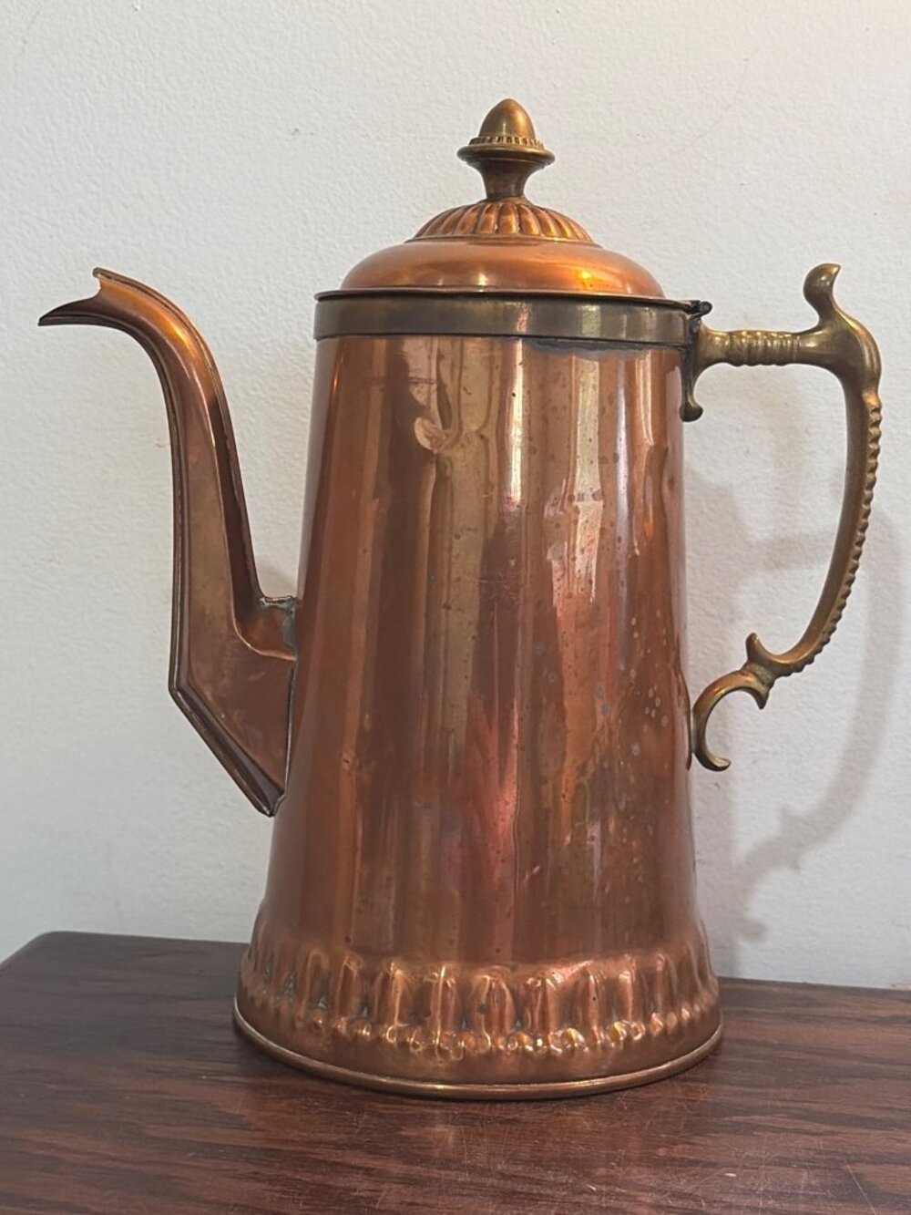 Antique Copper Coffee Pot Brass Handle & Spout Ornate Lid Vintage Kitchen Décor